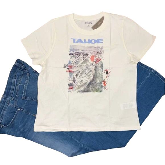 NWT J. Crew Ivory W/Tahoe Ski Resort Graphic Broken-in Jersey T-Shirt - Picture 1 of 9